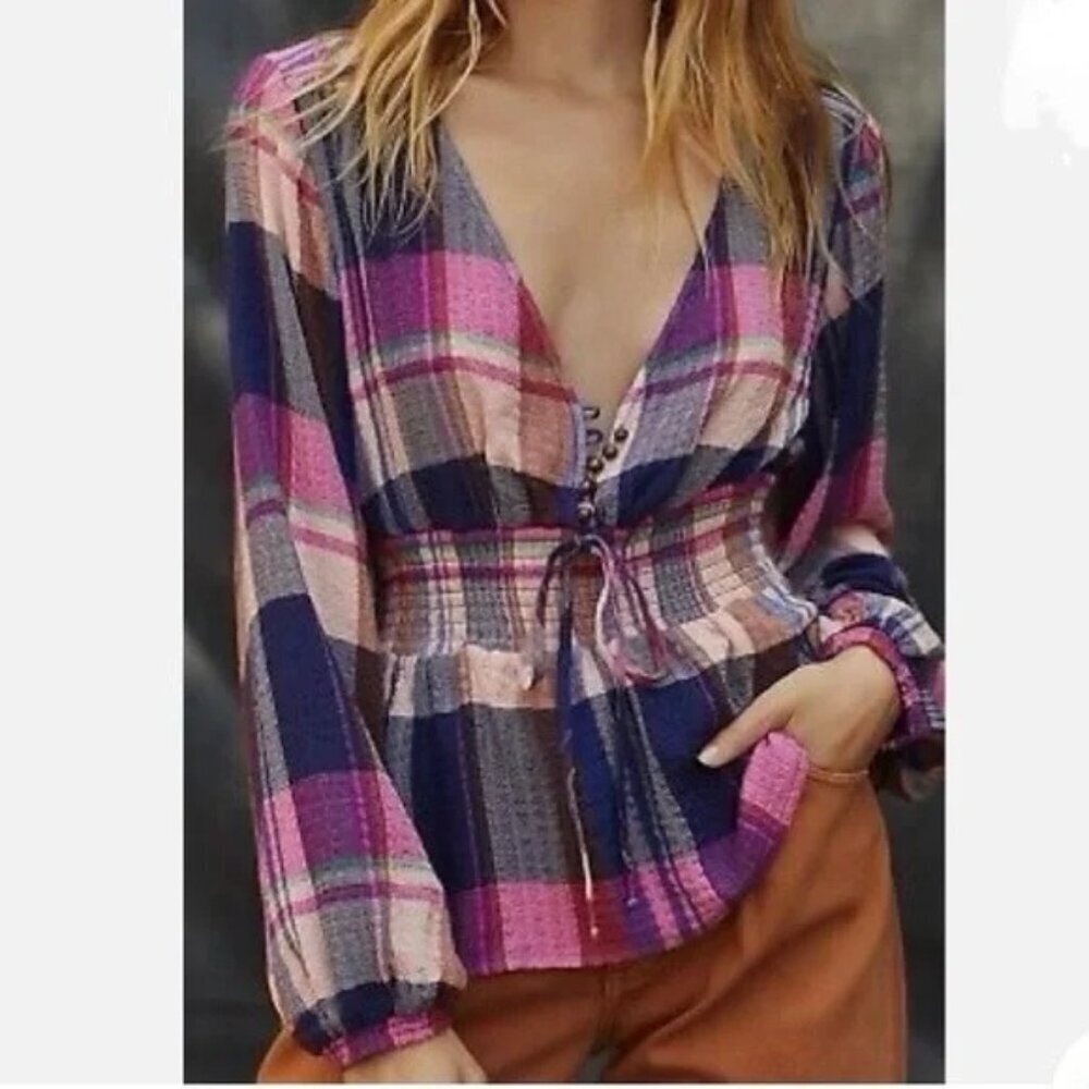 Pilcro Plaid Gauzy Deep-V Blouse Smocked Peplum Preppy Boho in Pink/Blue M